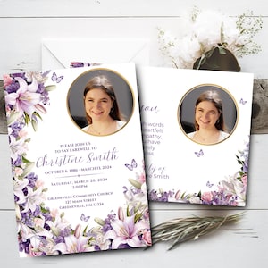 Faire-part pour les funérailles, pour un souvenir affectueux, modèle de célébration de la vie à téléchargement immédiat, carte de remerciement commémorative imprimable, floral violet rose