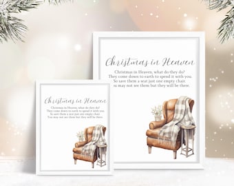 May include: A printable quote about Christmas in Heaven with a watercolor illustration of a brown armchair with a plaid blanket and a small side table. The quote reads: "Christmas in Heaven, what do they do? They come down to earth to spend it with you. So save them a seat just one empty chair. You may not see them but they will be there."