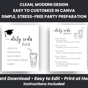 Editable dirty soda bar sign and menu templates shown side by side with text describing clean modern design, Canva editing, and simple party preparation. Footer text promotes instant download and home printing.