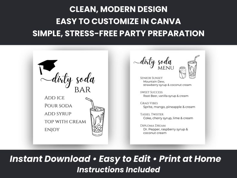 Editable dirty soda bar sign and menu templates shown side by side with text describing clean modern design, Canva editing, and simple party preparation. Footer text promotes instant download and home printing.