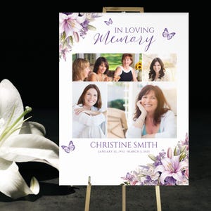 May include: A memorial sign with the words "In Loving Memory" in elegant script, featuring photos of a woman. The sign includes the name "Christine Smith" and dates, adorned with floral and butterfly accents in purple and white.