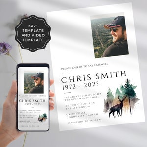 May include: A funeral announcement for Chris Smith, who passed away in 2023. The announcement features a watercolor illustration of a forest with a deer, and the text "Please join us to say farewell, Chris Smith, 1972-2023, Saturday 16th October, Twenty Twenty Three, at two o'clock in the afternoon, Greeneville Community Church, Reception to follow."