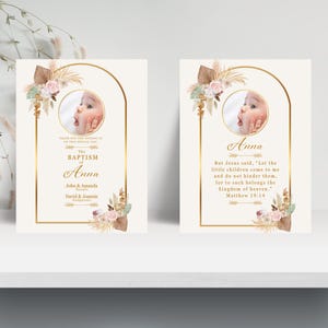 Modelo de cartão de oração boho para lembrança, marcador de página floral rústico para impressão, lembrancinhas de batismo, foto digital personalizada para download