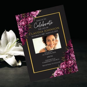 Pink Floral Funeral Invitation, Editable Celebration of Life Template, Digital Invite Memorial Service, Pink Roses In Loving Memory Service