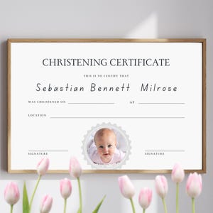 Certificado de bautismo imprimible, certificado de dedicación personalizado para bebés, recuerdo de bautizo editable para ceremonias religiosas.