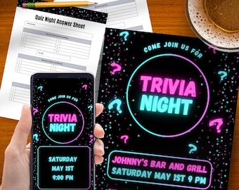 Trivia Night Neon Video Invitation, Pub Quiz, Game Party (Digital Evite)