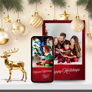 Aanpasbare kerstkaartsjabloon foto, feestelijke afdrukbare vakantieontwerpen, bewerkbare kerstkaarten met foto's, tekst smartphone video digitaal