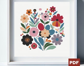 May include: A colorful cross-stitch pattern featuring a bouquet of stylized flowers in shades of pink, red, orange, yellow, blue, green, and black.