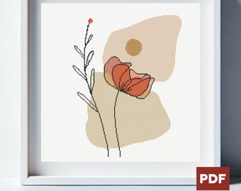 Op de afbeelding: Een digitaal kruissteekpatroon met een gestileerde bloem met een rode bloeiwijze en een bruine stengel, tegen een achtergrond van abstracte vormen in beige en bruin.