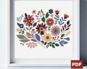 Könnte beinhalten: Ein Kreuzstichmuster mit einem bunten Blumenstrauß in den Farben Rosa, Rot, Orange, Gelb, Blau und Grün. Die Blumen sind kreisförmig angeordnet und von Blättern umgeben.