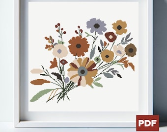Könnte beinhalten: Ein gerahmtes Kreuzstich-Blumenmuster mit einem Blumenstrauß in Braun-, Beige- und Blautönen. Das Kunstwerk ist vor einem weißen Hintergrund platziert und in einem weißen quadratischen Rahmen eingefasst. Das PDF-Logo befindet sich unten rechts.