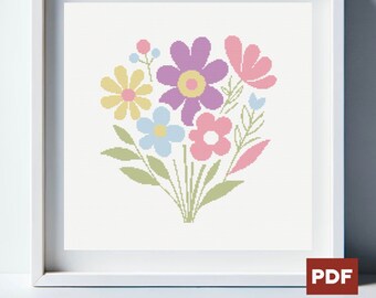 Cross Stitch Pattern Pastel Floral Arrangement Instant Download PDF