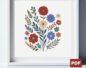 Könnte beinhalten: Ein Kreuzstichmuster mit einem bunten Blumenstrauß in Rot-, Blau-, Orange- und Grüntönen. Die Blumen sind symmetrisch angeordnet und von Blättern umgeben.