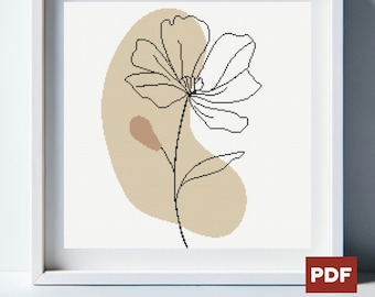 Op de afbeelding: Een zwarte lijntekening van een bloem met een bruine en beige abstracte vorm erachter. De bloem heeft een enkele stengel en bladeren. De achtergrond is wit.