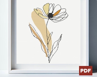 Op de afbeelding: Een lijntekening van een bloem met een geel en wit hart en bruine bladeren. De bloem is op een witte achtergrond.