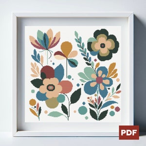 Könnte beinhalten: Ein Kreuzstichmuster mit einem farbenfrohen Blumendesign mit blauen, grünen, gelben, roten und braunen Blumen. Die Blumen sind stilisiert und haben einen geometrischen Look.
