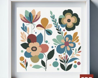 Cross Stitch Pattern Boho Modern Colorful Flowers Instant Download PDF