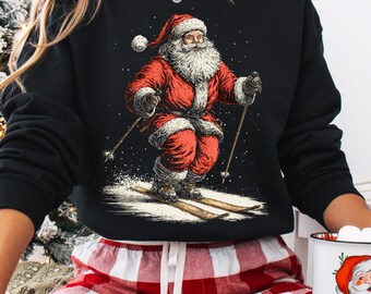 Skiing Santa Sweatshirt, Winter Sports Holiday Crewneck, Ski Lover Gift