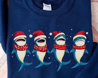 Sudadera navideña de tiburones de Papá Noel, suéter navideño divertido, regalo para amantes de los tiburones
