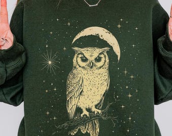 Celestial Owl Sweatshirt, Boho Folk Art, Dark Academia Bird Lover Gift
