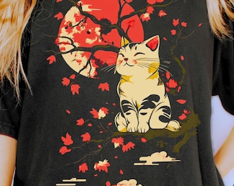 Japanese Cat Shirt, Sakura Cherry Blossom Tee, Kawaii Cat Lover Gift