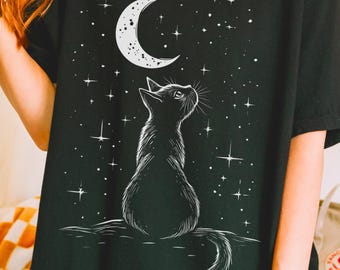Celestial Cat T-Shirt | Mystical Moon Boho Graphic Tee | Cat Mom Gift