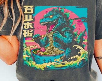 -shirt Ramen monstre japonais | T-shirt graphique animé rétro | Cadeau pour les amateurs de ramen et d'art japonais