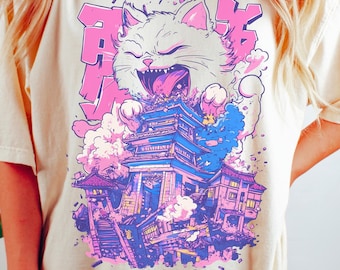 Japanese Giant Cat Shirt, Funny Anime Kitty Tee, Retro Monster Cat T-Shirt