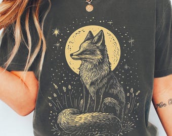 T-shirt linogravure Fox Moon | T-shirt Comfort Colors® folklore sorcière | Cadeau pour amoureux du renard