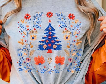Scandinavian Christmas Shirt | Folk Art Hygge Botanical Tee | Gift for Christmas Lovers