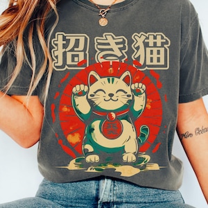 Maneki neko shirt, Japanese lucky cat, Fortune cat, Lucky cat, Beckoning cat, Kawaii clothing, Japanese cat shirt, Waving cat shirt, Unisex