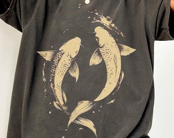 Vintage-Shirt mit japanischen Koi-Karpfen, asiatisches Kunst-T-Shirt, Koi-Teich-Grafik