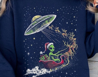 UFO Christmas Sweatshirt | Funny Alien Santa Graphic Crewneck | Space Lover Gift