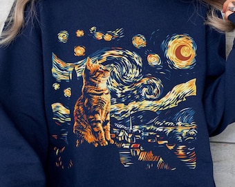 Cat Starry Night Sweatshirt, Van Gogh Art Sweater, Cat Lover Gift