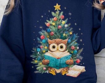 Cozy Owl Christmas Sweatshirt | Funny Bookish Owl Reading Holiday Crewneck | Gift for Book Lovers
