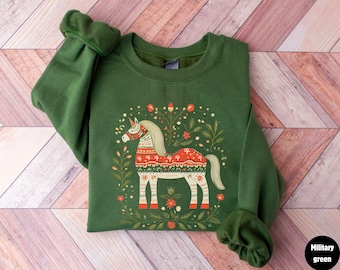 Swedish Dala Horse Crewneck Sweatshirt, Nordic Equestrian Design