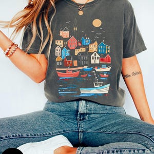 Scandinavian Village shirt, Nordic fishing town, Rustic Mountain Landscape, Nature Lover Gift, Norway, Swedish, Arctic Colourful houses