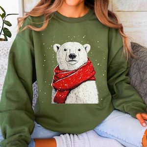 Christmas polar bear sweatshirt, Ice bear shirt, Apparel, Polar bear lover, Animal lover, Christmas gift, Wildlife shirt, Bear with scarf