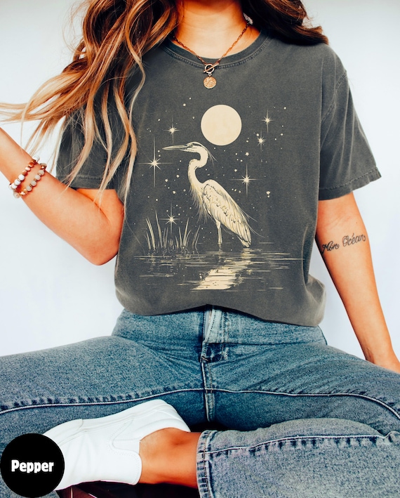 Great Blue Heron Shirt, Linocut Shirt, Bird Lover Shirt, Hippy Clothes, Folk Art, Linoprint design, Blue bird design, Vintage bird print