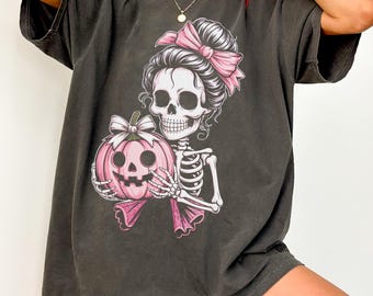 Skeleton Coquette Shirt | Cute Pink Bow Halloween Tee Gift for Her