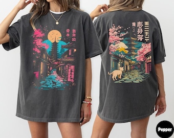 Neon Retro Japanese Alleyway T-shirt | Sakura Moon Street Scene | Front and Back Design