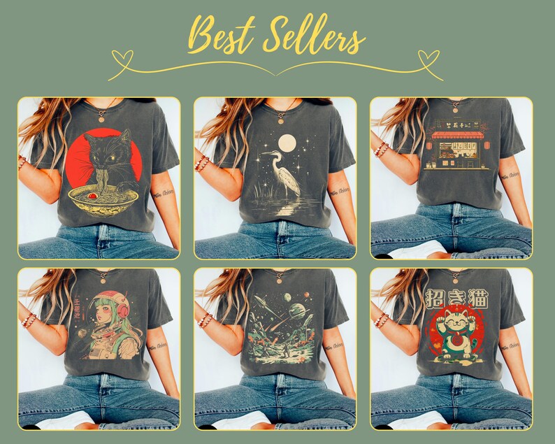 May include: Six different t-shirt designs featuring various graphic prints. The designs include a cat eating ramen, a crane, a Japanese restaurant, a space scene, and a cat with Japanese text. The shirts are all dark gray and have a relaxed fit.