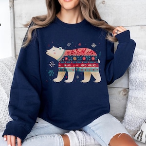 Cozy Polar Bear Christmas Sweatshirt, Holiday, Winter crewneck, Outdoor Adventures, Casual Wear, Polar bear lover gift, Animal with sweater