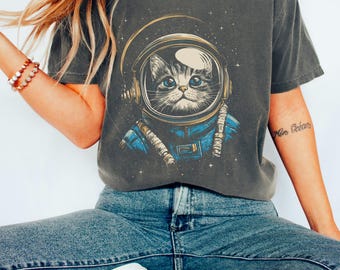 Space Cat shirt, Cat Lover Tee, Galaxy Kitty Shirt, Cosmic Feline Top, Astronaut Cat Clothing, Cat mom dad gift, Outer space, Cosmic cat