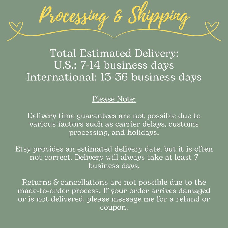 May include: A green background with the text "Processing & Shipping" in a decorative yellow font. The text provides information about delivery times and order policies, including estimated delivery times for the U.S. and international orders.