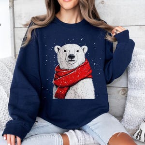 Christmas polar bear sweatshirt, Ice bear shirt, Apparel, Polar bear lover, Animal lover, Christmas gift, Wildlife shirt, Bear with scarf