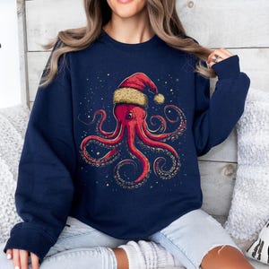 Octopus Christmas sweater, Octopus sweatshirt, Marine biology gift, Octopus lover gift, Nautical, Ocean, Sea creature, Santa hat