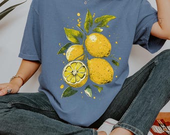 レモンプリント コンフォートカラーズ® Tシャツ、ボタニカルシトラスT