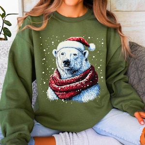 Christmas polar bear sweatshirt, Ice bear shirt, Apparel, Polar bear lover, Animal lover, Christmas gift, Wildlife shirt, Bear with scarf