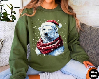 Christmas polar bear sweatshirt, Ice bear shirt, Apparel, Polar bear lover, Animal lover, Christmas gift, Wildlife shirt, Bear with scarf